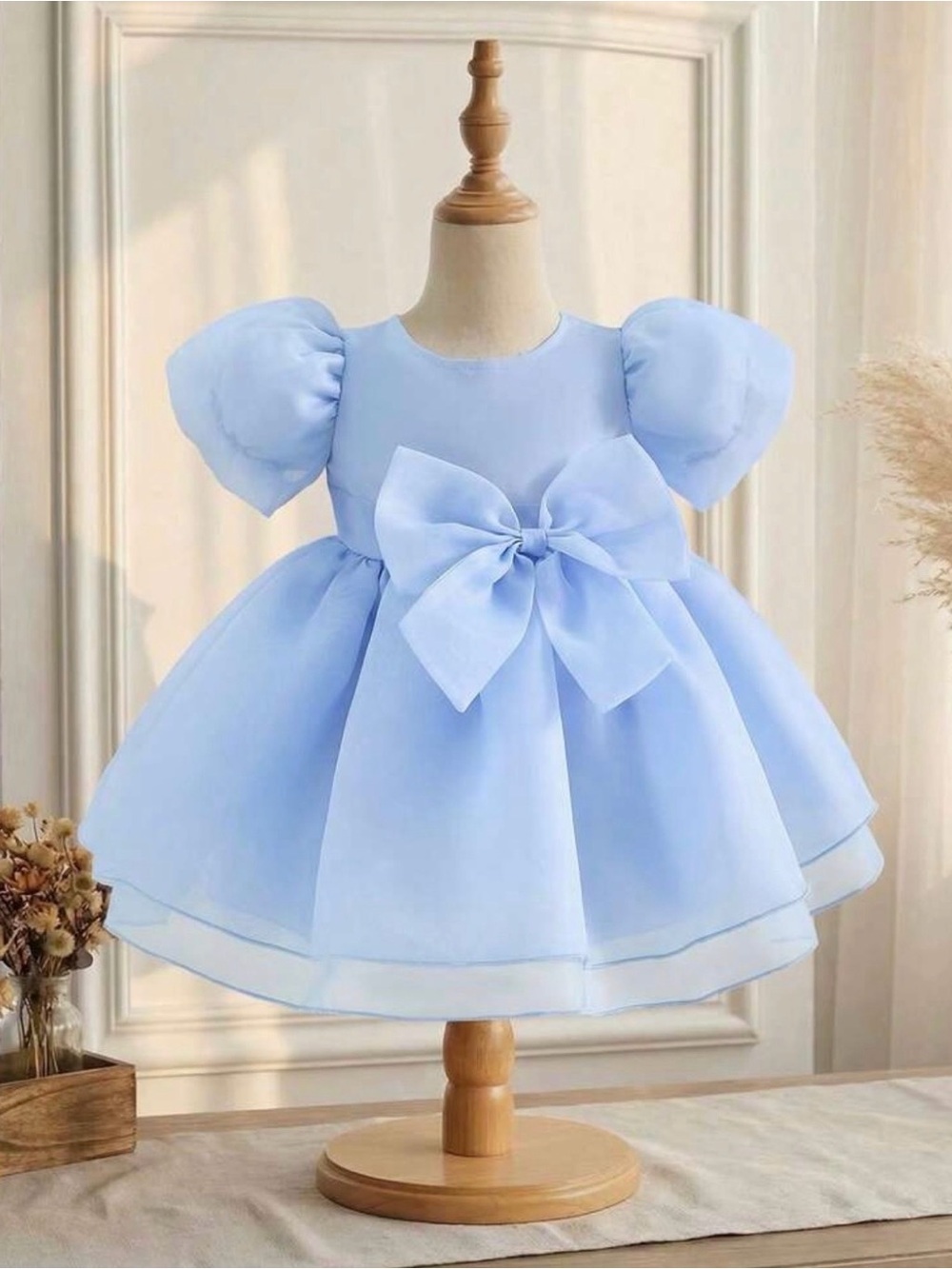 Baby Girls Light Blue Party Dress Puffy Sleeves Bow Organza Special Occasion